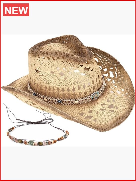 Straw Cowboy Hat with Two Decorative Bands, Breathable Handmade Sun Hat main image 5